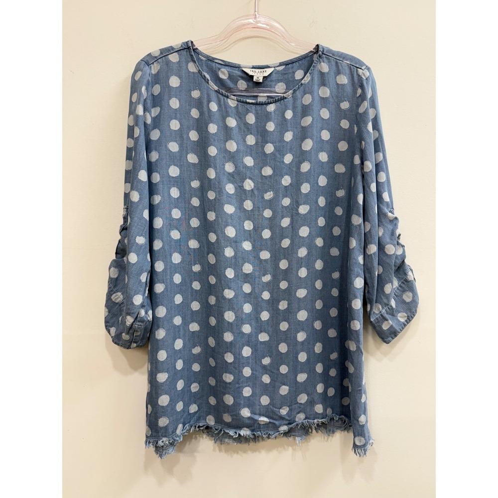 Tru Luxe Jeans Tunic Top Size M Polka Dot Chambray Lace Up Back Frayed Hem